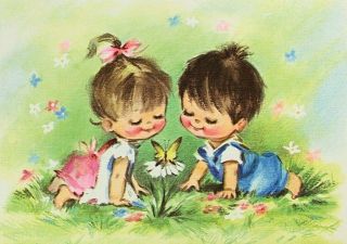 Vintage Thinking Of You Cute Kids Greeting Card,  Linen Texture 7 " X 5 " Nos