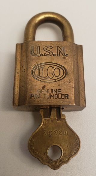 Vintage U.  S.  N.  Navy Ilco Independent Lock Co.  Brass Padlock W/ Key
