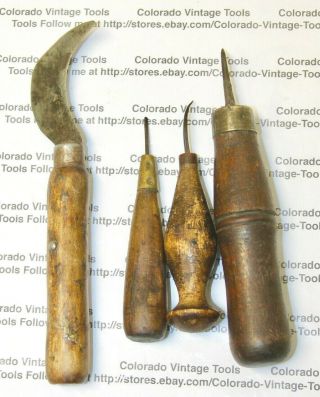 Four (4) Wood Handle Leather Tools / Vintage Hand Tool / Cv Tools