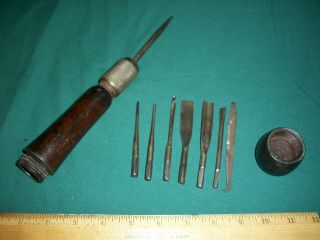 Vintage Hollow Wood Handle Multi - Tool W/8 Changeable Bits: Screwdriver,  Awl,  Etc