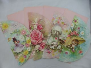 4 Vintage Circular Birthday Greeting Cards W/ Pink Envelopes -
