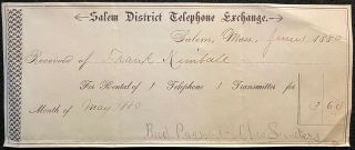 1880 Salem District Telephone Exchange Mass.  $3.  60 Rental Receipt Notable