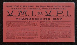 1925 V.  M.  I.  Vs.  V.  P.  I.  Thanksgiving Day Football Game Advertising Card