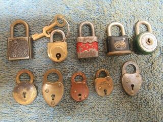 10 Different Old Miniature Padlock Lock 1 With Key.  Sul,  9 Are No Name.  N/r