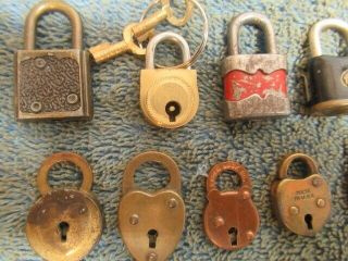 10 different old miniature padlock lock 1 with key.  SUL,  9 ARE NO NAME.  n/r 2