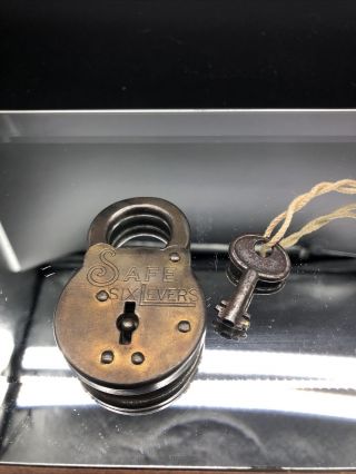 " Six Lever " Steel Padlock,  W/ Key Vintage Antique Lock