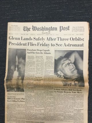 John Glenn - Mercury Space Flight - 1962 Washington Post Newspaper