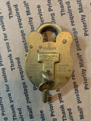 Antique Solid Brass Lock Admiralty 10 Jared Padlock 4 Levers W Key Vintage