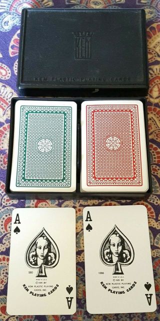 Kem Bridge Playing Cards 2 Decks Green Red Geometric " Atomic " Hard Case Vg,