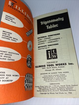 Vtg 1966 ILLINOIS TOOL ITW BOOK TRIGONOMETRY TABLES & INVOLUTE FUNCTIONS 3