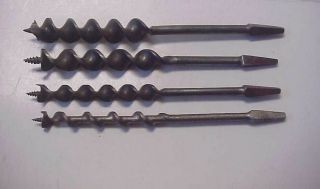 4 Vintage Jennings / Irwin Auger Brace Drill Bits 9/16 ",  5/8 ",  13/16 ",  15/16 "