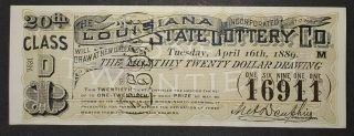 1889 The Louisiana State Lottery 20th Class D - Orleans $1