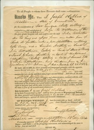 1822 Land/deed Deal Joseph Hubbard & John R Watkinson Middletown Ct Document