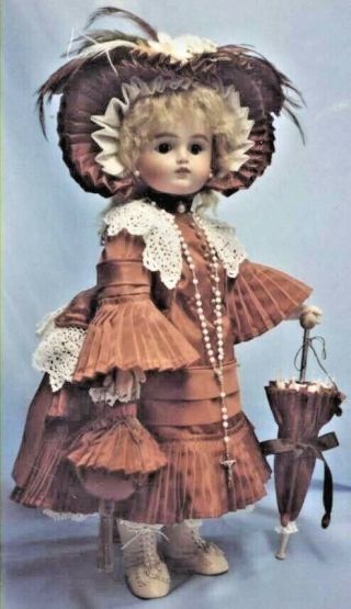 20 - 21 " Antique Pan Doll Dress Hat Parasol Purse Shoes Pattern/french/bru - German