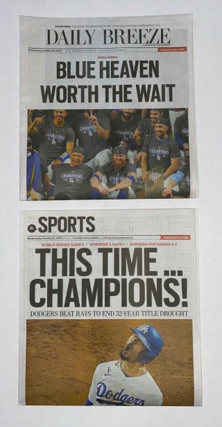 2020 La Newspaper Los Angeles Dodgers World Series Champions Championship