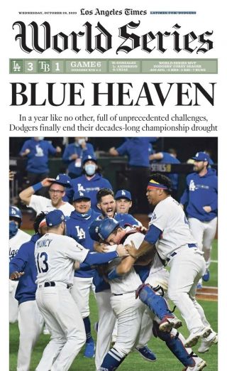 2020 La Times Newspaper Los Angeles Dodgers World Series Champions Championship