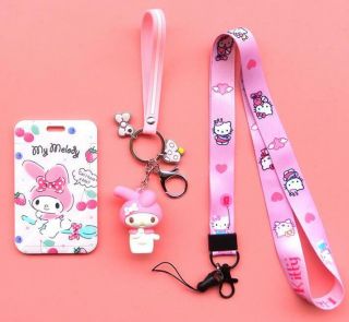 Cute My Melody Id Badge Lanyard Card Case Holder C/w Neck Strap And Key Chain