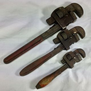 (3) Vintage Walworth Stillson Pipe Wrenches 14 10 8 One With Wood Handle