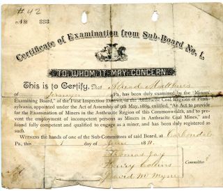 1891 Anthracite Coal Miner Certificate Of Competency Carbondale Pennsylvania 2