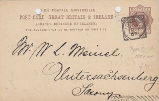 1887 Qv London Squared Hexagon Type Iii Postmark On Postcard Sent To Saxony