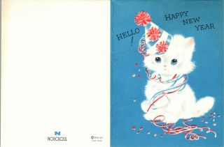 Norcross Snowball Year ' s Eve Party Kitty Cat Hat VTG Christmas Greeting Card 3