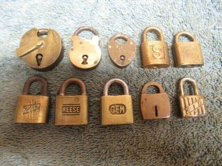 10 Different Old Brass Miniature Padlock Lock Kid,  B&b,  Gem,  Zip,  Reese.  N/r