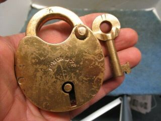 Hard To Find Size Romer & Co.  Old Brass Padlock Lock With A Key.  N/r