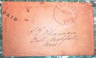 Rare Stampless Cover Envelope Pre - Civil War York To Massachusetts