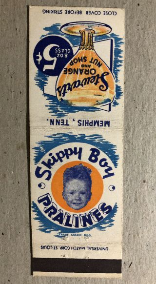 Rare Vintage Match Cover Stewart’s Skippy Boy Pralines 1950s Memphis,  Tn