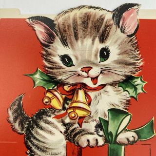 Vintage Mid Century Christmas Greeting Card Stand Up Cute Kitten Cat W/ 3d Gifts