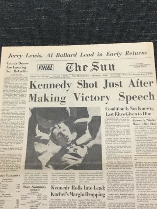 Senator Robert Kennedy Assassination - 1968 San Bernardino,  California Newspaper