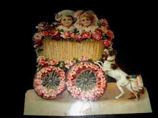 Antique Large 7 " Victorian Embossed Die Cut Scrap Children Jumping Dog Basket