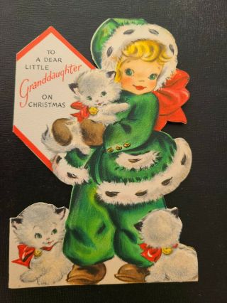 Vtg Hallmark Christmas Greeting Card Cute Girl Lady Fur Trim Coat Kittens Diecut