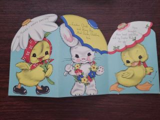 Vtg Rust Craft 1940s Easter Greeting Card Bunny Duck Chick Umbrellas Foldout
