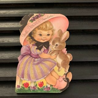 Vintage Greeting Card Easter Bunny Rabbit Rust Craft Daughter Girl Glitter