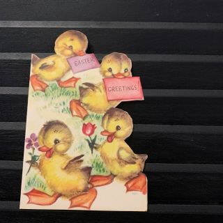 Vintage Greeting Card Easter Cute Ducks Flowers Rust Craft