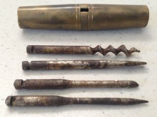 Antique Small Set Of 4 Motorcycle Tools W/ Brass Case