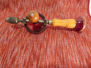 Antique Egg Beater Style Hand Drill,  Hollow Wood Handle/ Extra Bits,  Usa