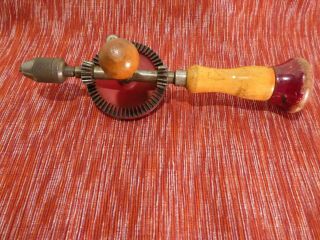 Antique Egg Beater Style Hand Drill,  Hollow Wood Handle/ Extra Bits,  USA 2