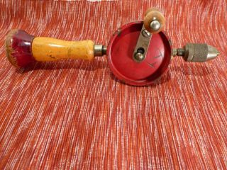 Antique Egg Beater Style Hand Drill,  Hollow Wood Handle/ Extra Bits,  USA 3