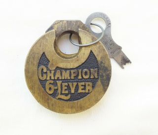 Early All Brass 6 Lever Champion Padlock And Key