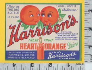 B980 Harrison Heart O’ Orange Fruit Drink Bottle Label Anthropomorphic Oranges