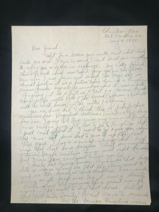 1938 Letter From Margaret Gilliland To Bill Kasiska Baraboo Wi Circus News