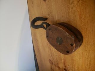 Antique Wood Block & Tackle Pulley Anvil Emblem / Mark With Hook 4 "