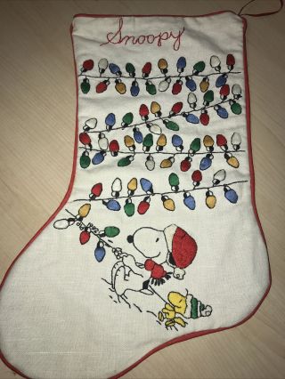 Vintage Embroidered Peanuts Santa Snoopy & Woodstock Christmas Stocking
