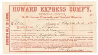 1868 Howard Express Co.  Bill Of Lading