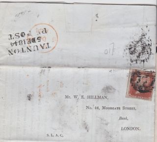 1844 Qv Taunton Penny Post Cover With A Good 1d Penny Red Stamp Sent To London