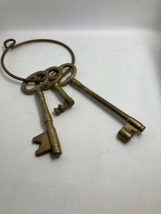 Vintage Large Brass (3) Skeleton Keys On Brass Ring - Jail Prison Gate Decor