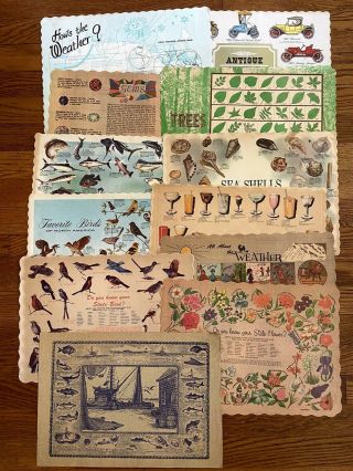 21 Vintage Paper Placemats 1960s Weather Cars Gems Birds Trees Fish Sea Shells