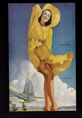 Gil Elvgren Mutoscope Arcade Pinup Card,  Yankee Doodle Girls,  " Tail Wind "